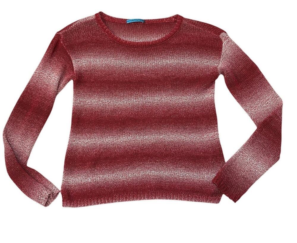 Alice + Olivia Red Cream Mesh Stripe Crewneck Sweater M/L